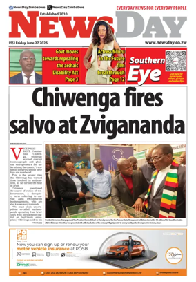 Cover of Newsday (Zimbabwe)