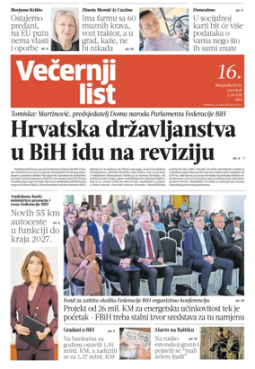 Cover of Večernji list BiH