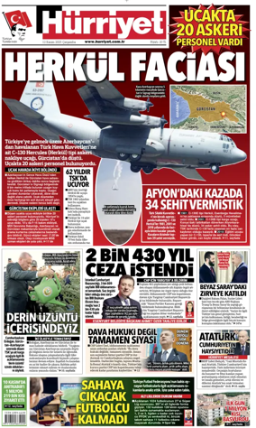 Cover of Hurriyet Print Edition