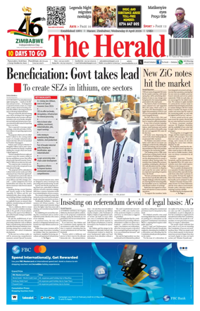 Cover of The Herald (Zimbabwe)