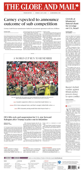 Cover of The Globe and Mail (Prairie Edition)