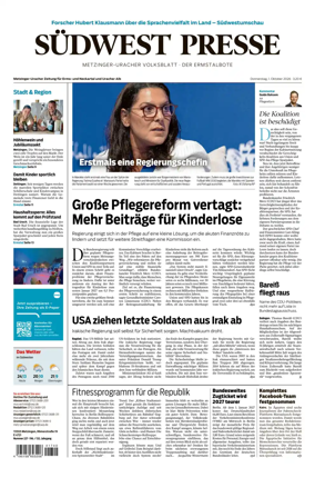 Cover of Sudwest Presse - Metzinger Uracher Volksblatt - Der Ermstalbote