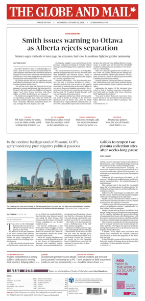 Cover of The Globe and Mail (Prairie Edition)